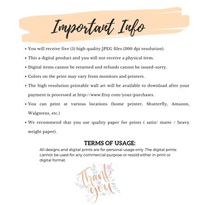 May include: Important information about digital printable wall art. You will receive five high-quality JPEG files (300 dpi resolution). The digital prints are for personal use only and cannot be used for commercial purposes. The text reads "Important Info" and "Terms of Usage".