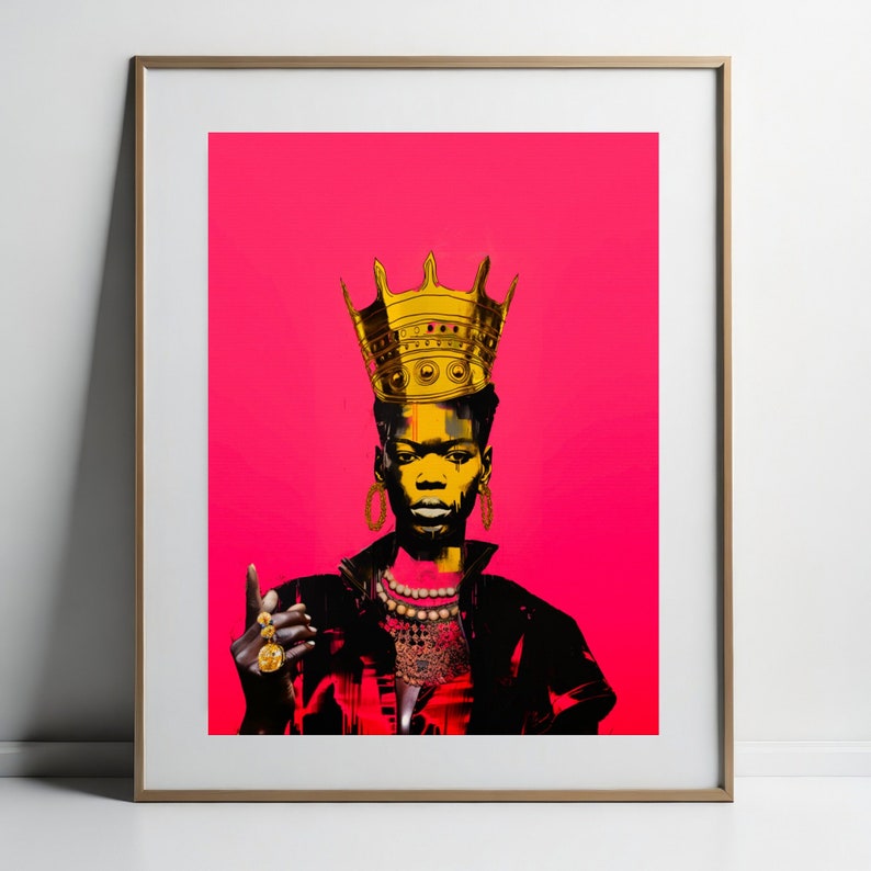May include: A woman wearing a gold crown and jewellery, with a black leather jacket, against a bright pink background.