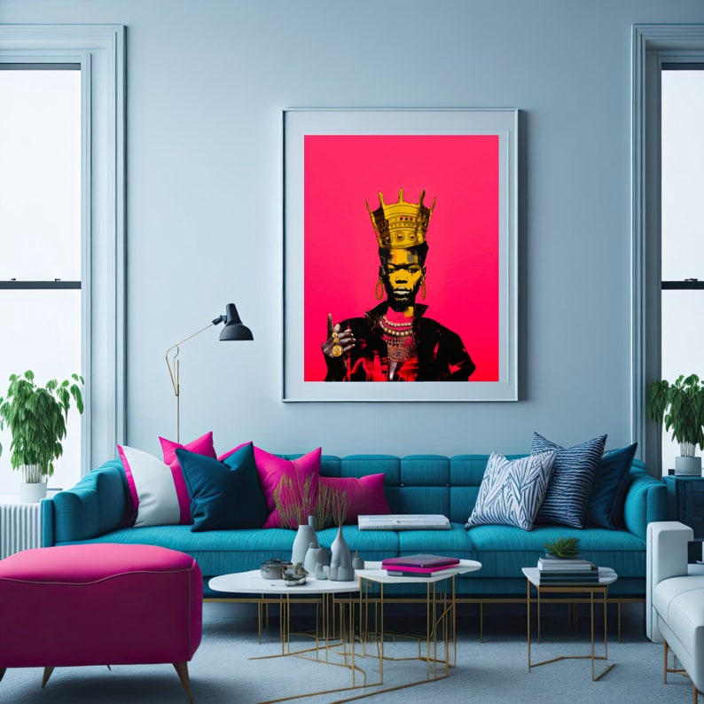 May include: A framed print of a woman wearing a gold crown and jewellery, with a pink background. The woman is looking directly at the viewer and has a serious expression. The print is in a modern style and would be a great addition to any home decor.