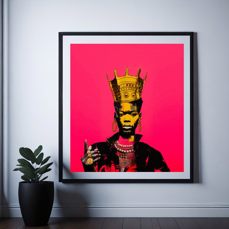 May include: A digital art print of a woman wearing a gold crown and jewellery against a bright pink background.