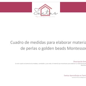 Cuadro de medidas para Golden Beads Montessori