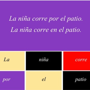 Puede incluir: Un fondo morado con texto en espa&ntilde;ol en blanco: "La ni&ntilde;a corre por el patio. La ni&ntilde;a corre en el patio." Debajo, bloques de colores con las palabras "La", "ni&ntilde;a", "corre", "por", "el" y "patio".