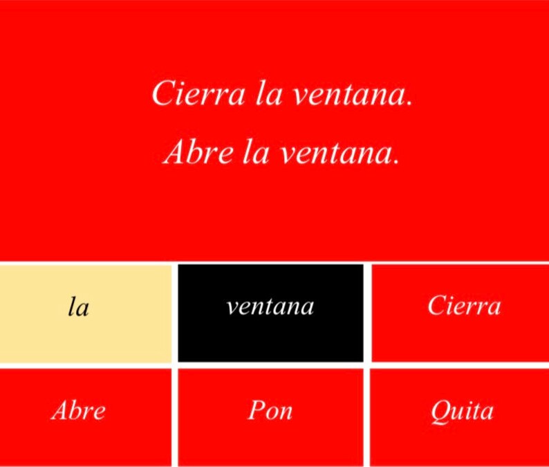 Puede incluir: Un fondo rojo con texto blanco que dice "Cierra la ventana" y "Abre la ventana." Debajo, seis cuadros de colores con palabras en espa&ntilde;ol: "la," "ventana," "Cierra," "Abre," "Pon," y "Quita."