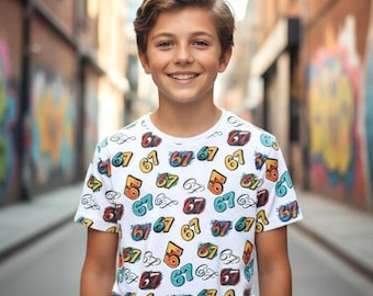 67 Meme Pattern, Six Seven Polyester Kids Shirt, Athletic Wear, Youth Fashion