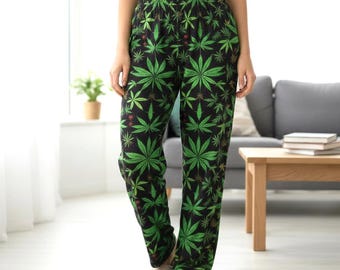Pantalones de pijama de poliéster con estampado de cannabis para mujer, regalo para ella, ropa de estar por casa