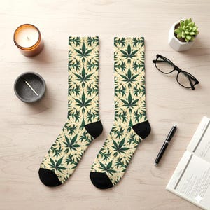 Cannabis Cream Pattern Crew Socks, Cannabis Socks, Cannabis Gift