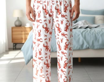 Pantalones de pijama de poliéster con estampado de langosta para hombre, regalo para él, ropa de estar en casa