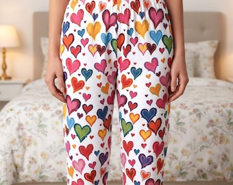 Colorful Bright Hearts Women's Polyester Pajama Pants, Gift for Her, Valentine's Day