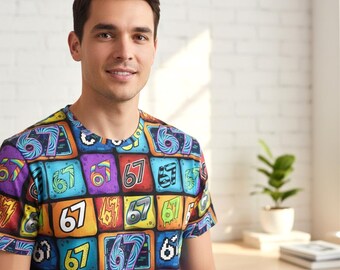 Camiseta de poliéster '67 Meme' para hombre, estampado colorido