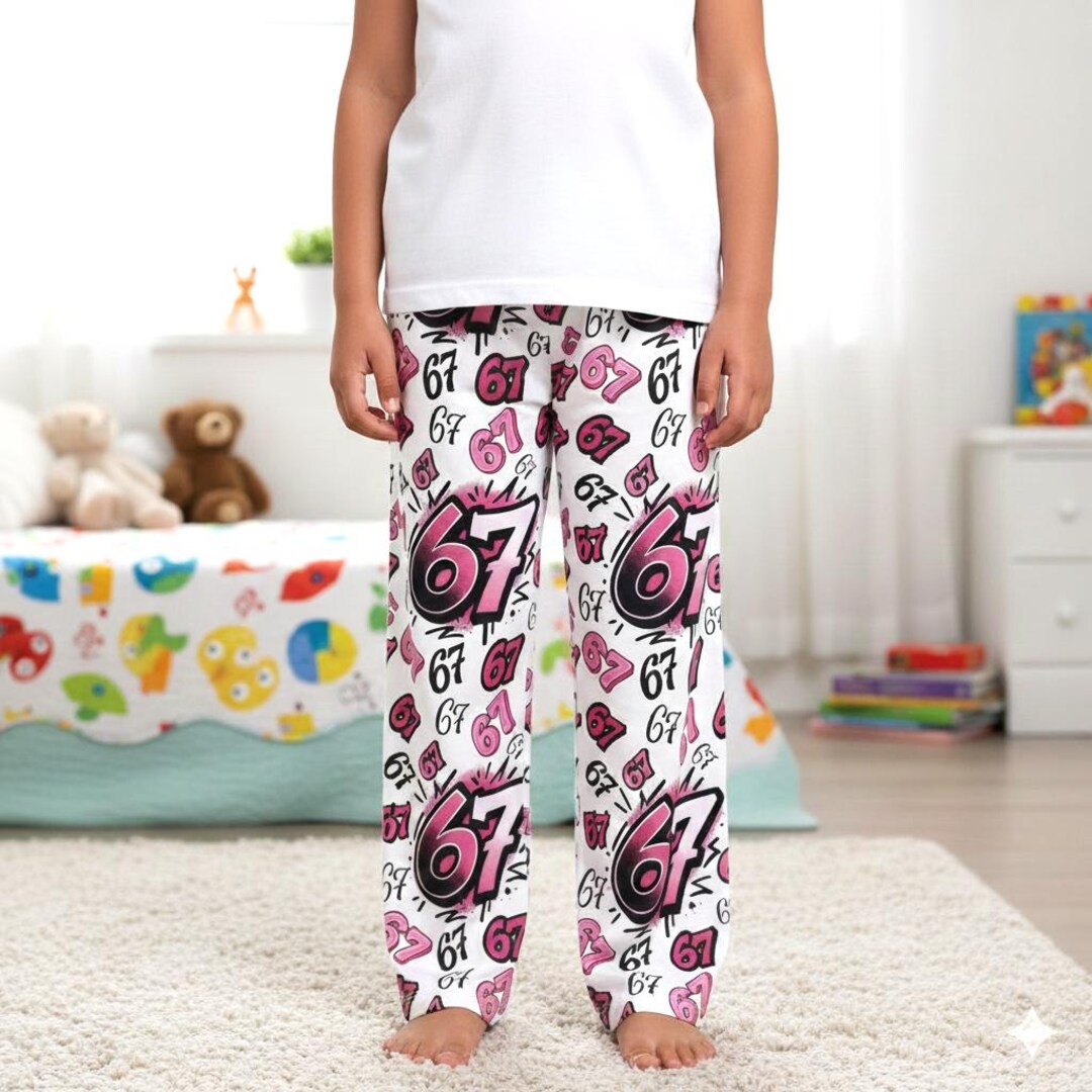 Pink 67 Meme, Six Seven, 67, Polyester Kids Pajama Pants, All Over ...