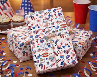 Geschenkpapierrolle mit patriotischem Collage-Motiv, Geschenkpapier mit amerikanischem Stolz, Veteranentag, 4. Juli