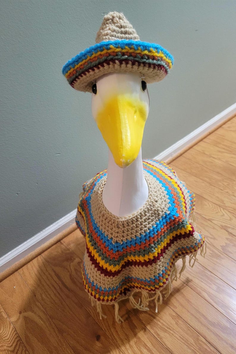 May include: A goose wearing a crocheted sombrero and poncho. The sombrero has a blue, yellow, and red striped brim. The poncho is beige with blue, orange, and red stripes and fringe.