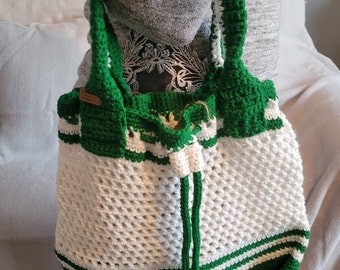Cinch Bag, Crocheted, Green and White