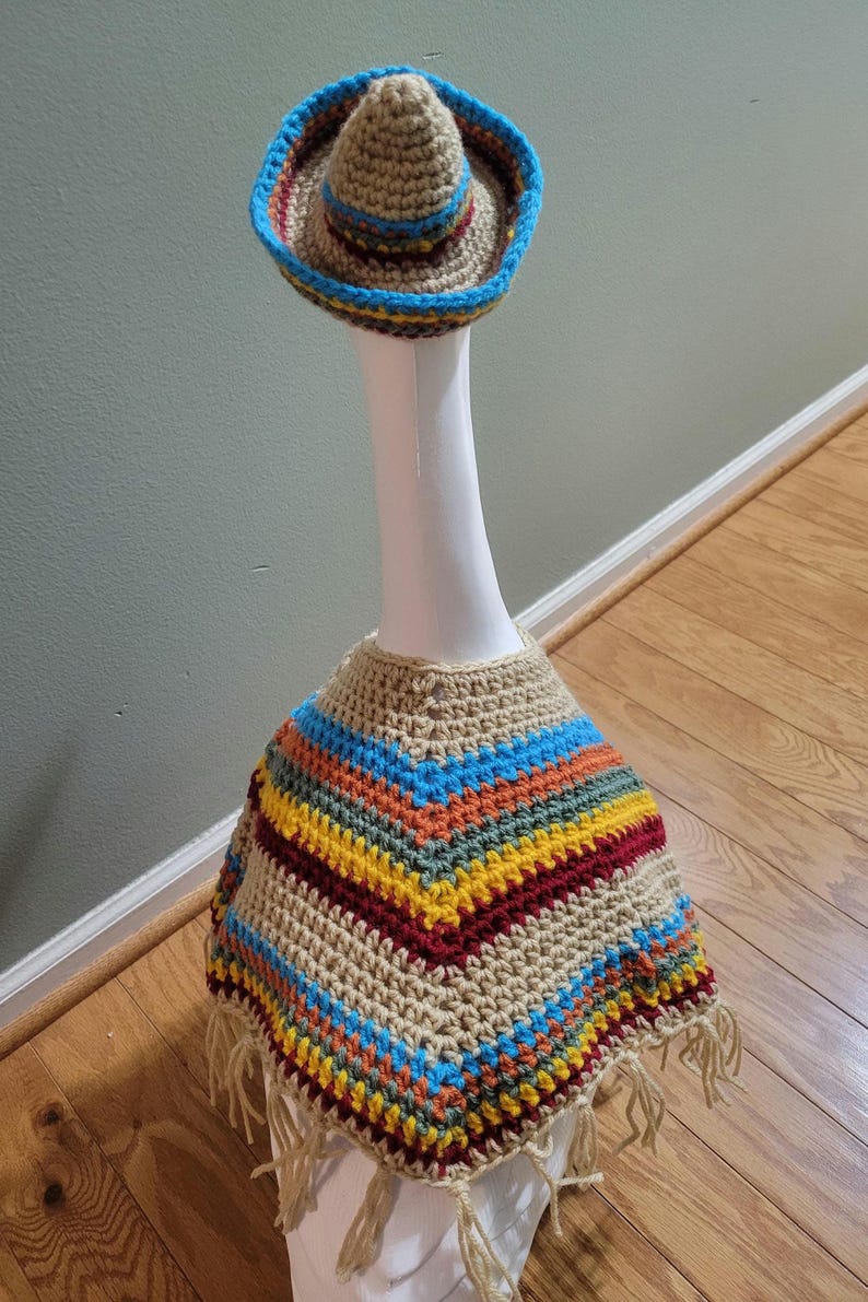 May include: A crocheted sombrero and poncho set. The hat has a blue brim and the poncho features a striped pattern in blue, yellow, orange, and red. The set is beige with fringe.