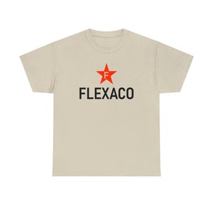 May include: A beige t-shirt with a red star and the text "FLEXACO" in black.