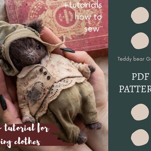 May include: A PDF sewing pattern for a teddy bear gnome, with a video tutorial for sewing clothes. The pattern includes instructions for making a gnome with a green hat, brown fur, and a white and green outfit.