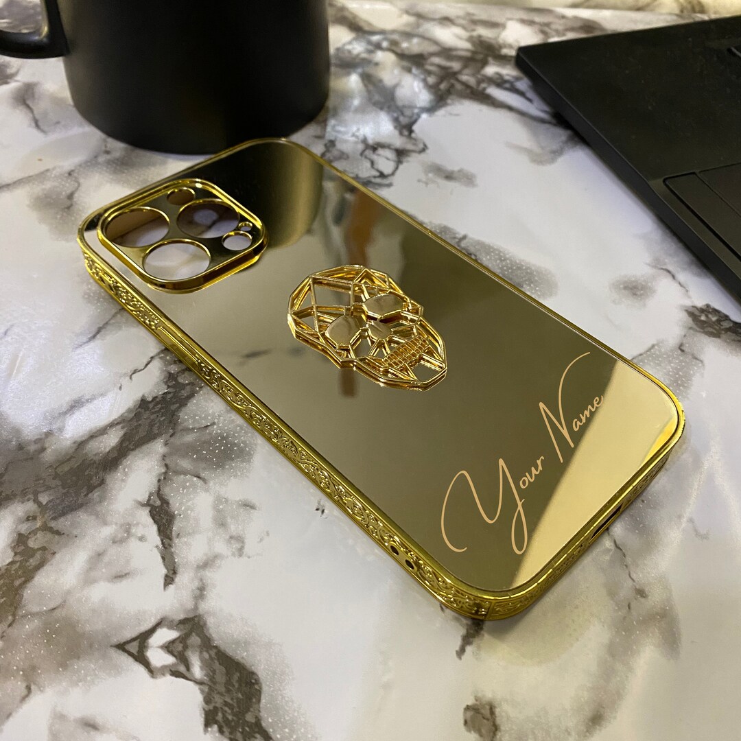 3D Gold Plated Over Brass Skull Figured Customizable iPhone Case With