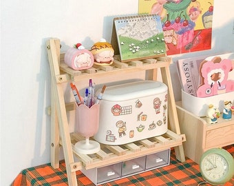 study table organizer Desktop Storage Rack Wooden Double Layer Commodity Shelf Multifunction Foldable Shelving Bedroom Study Table Cosmetic Organizer