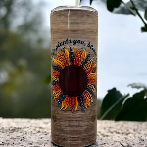 Bright colored rustic sunflower tumbler, Glossy wood look background, Sunflower Travel mug, Flower Tumbler cup, Gift for her, Gift for Mom