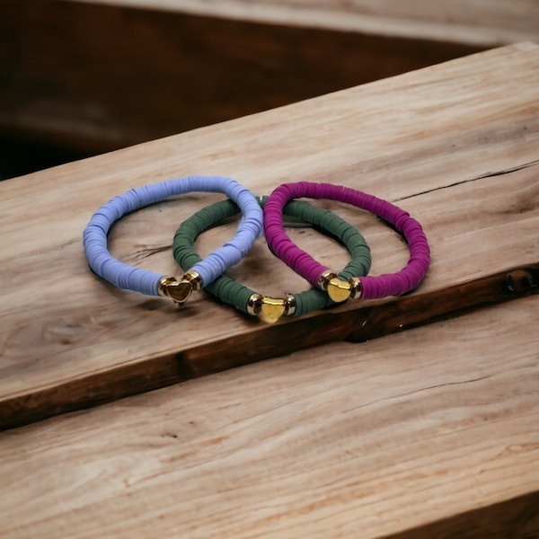 Clay Disc Bracelets with Gold Filled Heart, Heishi Bracelets, Dark Green, Light Blue, Fushia. Gifts for Her, Gifts for Friends