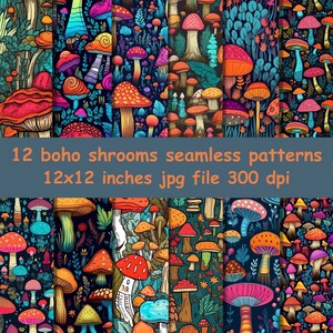 May include: Twelve colourful, psychedelic mushroom patterns in a repeating design. Each pattern is 12x12 inches and 300 dpi. The patterns feature a variety of mushrooms in different colours and shapes, including red, orange, yellow, green, blue, and purple.