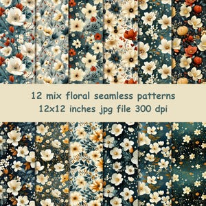 May include: A collection of 12 mix floral seamless patterns. Each pattern features a variety of flowers in shades of white, orange, and yellow, set against a dark teal background. The patterns are 12x12 inches and are a jpg file at 300 dpi.