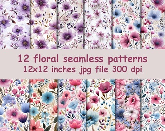 May include: Twelve floral seamless patterns in a variety of colors, including pink, blue, and purple. The patterns are 12x12 inches and are in jpg format at 300 dpi.