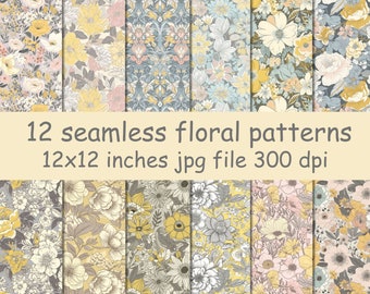 Boho Yellow Floral Seamless Pattern, Digital Paper (12"x12")