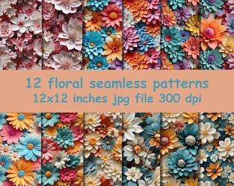 May include: Twelve digital paper patterns featuring colorful paper flowers in various shades of blue, pink, yellow, and white. The patterns are seamless and can be used for crafting, scrapbooking, and digital design projects. Each pattern is 12x12 inches and 300 dpi.