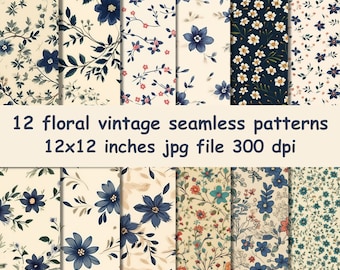 Blue Floral Vintage Seamless Pattern, Commercial Use (Digital Download)
