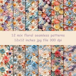 May include: A collection of twelve floral seamless patterns in a variety of colors, including pink, blue, yellow, and peach. The patterns feature detailed flower designs. The image includes the text: "12 mix floral seamless patterns 12x12 inches jpg file 300 dpi."