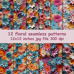 3D Floral Digital Paper, 3D Floral Pattern, 3D Flower Digital Paper, 3D Floral Seamless Pattern, Commercial Use, Scrapbooking, Digital File