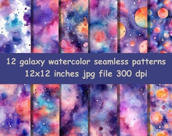 Watercolor Galaxy Seamless Pattern, Space Digital Paper (Digital Download)