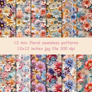 May include: A collection of twelve floral seamless patterns in various colors, including pink, yellow, blue, and orange. The patterns feature a variety of flowers and foliage. The text in the image reads: "12 mix floral seamless patterns 12x12 inches jpg file 300 dpi."