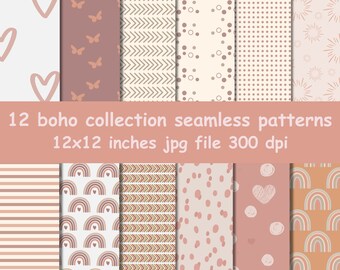 Boho naadloos patroon digitaal papier, regenbooghartontwerpen (JPEG 12"x12")