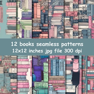 May include: Twelve seamless patterns featuring stacks of vintage books with floral and botanical illustrations. The patterns are in shades of blue, pink, and green. Each pattern is 12x12 inches and 300 dpi.