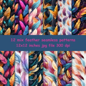 Può includere: Una collezione di dodici motivi senza cuciture con disegni di piume colorate. Le piume sono blu, rosa, arancioni, gialle e viola. Il testo sull'immagine recita: "12 mix feather seamless patterns 12x12 inches jpg file 300 dpi."