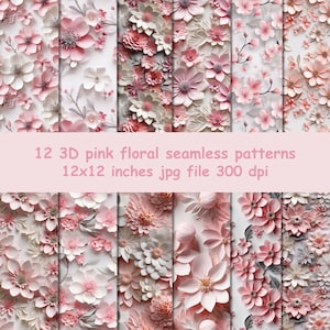 May include: Twelve 3D pink floral seamless patterns, each measuring 12x12 inches, in a JPG file format at 300 dpi.