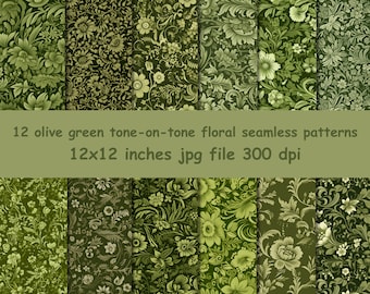 Pode incluir: Doze padrões florais sem costura em verde oliva, tom sobre tom. Cada padrão mede 12x12 polegadas e 300 dpi.