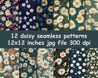 May include: Twelve digital seamless patterns featuring white daisies on various colored backgrounds. The patterns are 12x12 inches and 300 dpi.