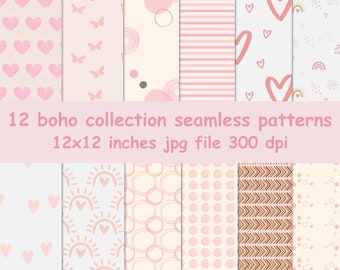 Boho roze naadloze patroonset, harten, regenboog, stippen (digitaal papier)