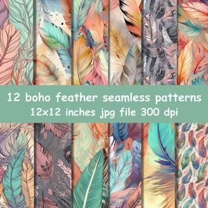 Feather seamless pattern, Boho feather pattern, Boho pattern, Feather pattern, Feather digital paper, Boho digital paper, Digital download