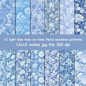 Könnte beinhalten: Zwölf nahtlose Muster mit hellblauen, tonalen floralen Designs. Jedes Muster ist 30,5 x 30,5 cm groß und hat 300 dpi.