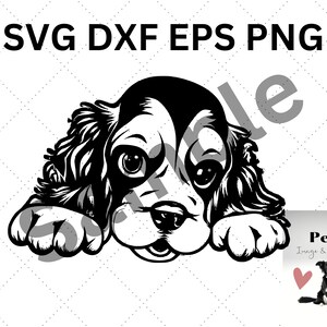 May include: A black and white digital illustration of a puppy with floppy ears resting its head on its front paws. The text SVG DXF EPS PNG appears at the top. A small square inset in the bottom right corner shows a dog and the text Pet Image & Designs.