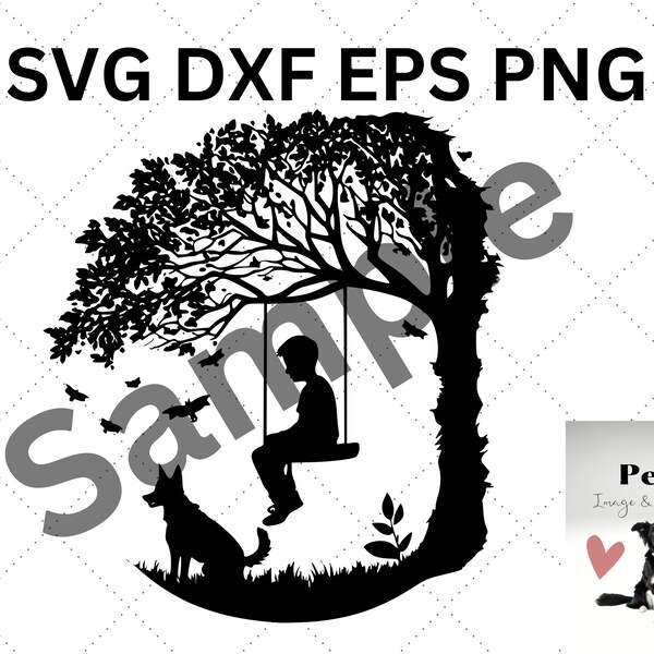 Boy on Swing on Tree with Dog #03 SVG DXF EPS png Cute TreeSwing Nostalgia silhouette Logo Clipart Vector Cricut Cut Cutting files