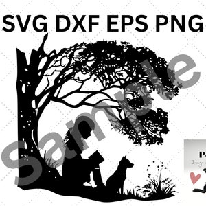 Girl Sitting under Tree Reading with Dog #04 SVG DXF EPS png Cute Tree Read Nostalgia Silhouette Logo Clipart Vector Cricut Cut Cutting file