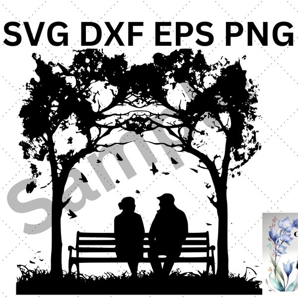 Old couple on Bench #01 SVG DXF EPS png elderly grandparents, park, cute lovers, love Silhouette Logo Clipart Vector Cricut Cut Cutting file