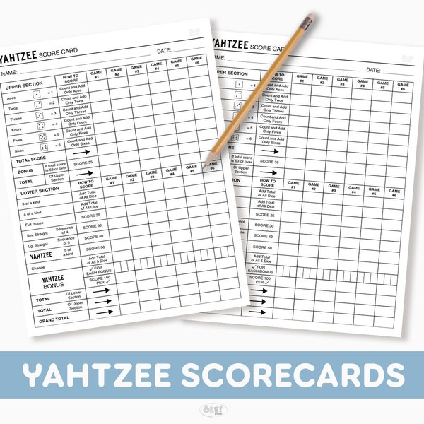 Classic Yahtzee Scorecard | Yahtzee/Yardzee Scoresheet Printable PDF | Dice Game | US Letter Size 8.5”x11” & Half Letter Size 5.5”x8.5”