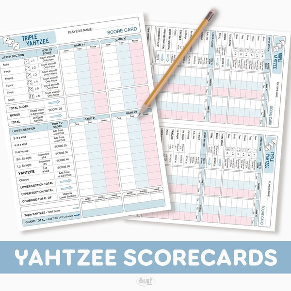 Triple Yahtzee Scorecard | Yahtzee/Yardzee Scoresheet Printable PDF | Dice Game | US Letter Size 8.5”x11” & Half Letter Size 5.5”x8.5”