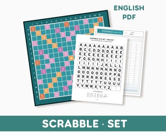 Tablero de juego, fichas y tarjetas de puntuación del Scrabble clásico. Scrabble en inglés. Formato PDF imprimible. A4. Tamaño carta de EE. UU.